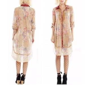 Aratta Beige Floral cover tunic with Red Trim